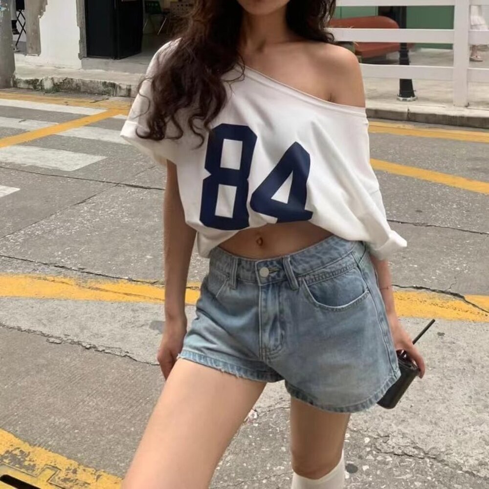 Off The Shoulder Top Women Polyester Short Sleeve Oversized Y2K Tee - Picture 3 of 5